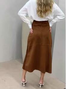 WOMEN'S SUEDE SKIRT WITH ZIPPER AND POCKET. STYLE AND ELEGANCE. - 駝色 - 查看 2