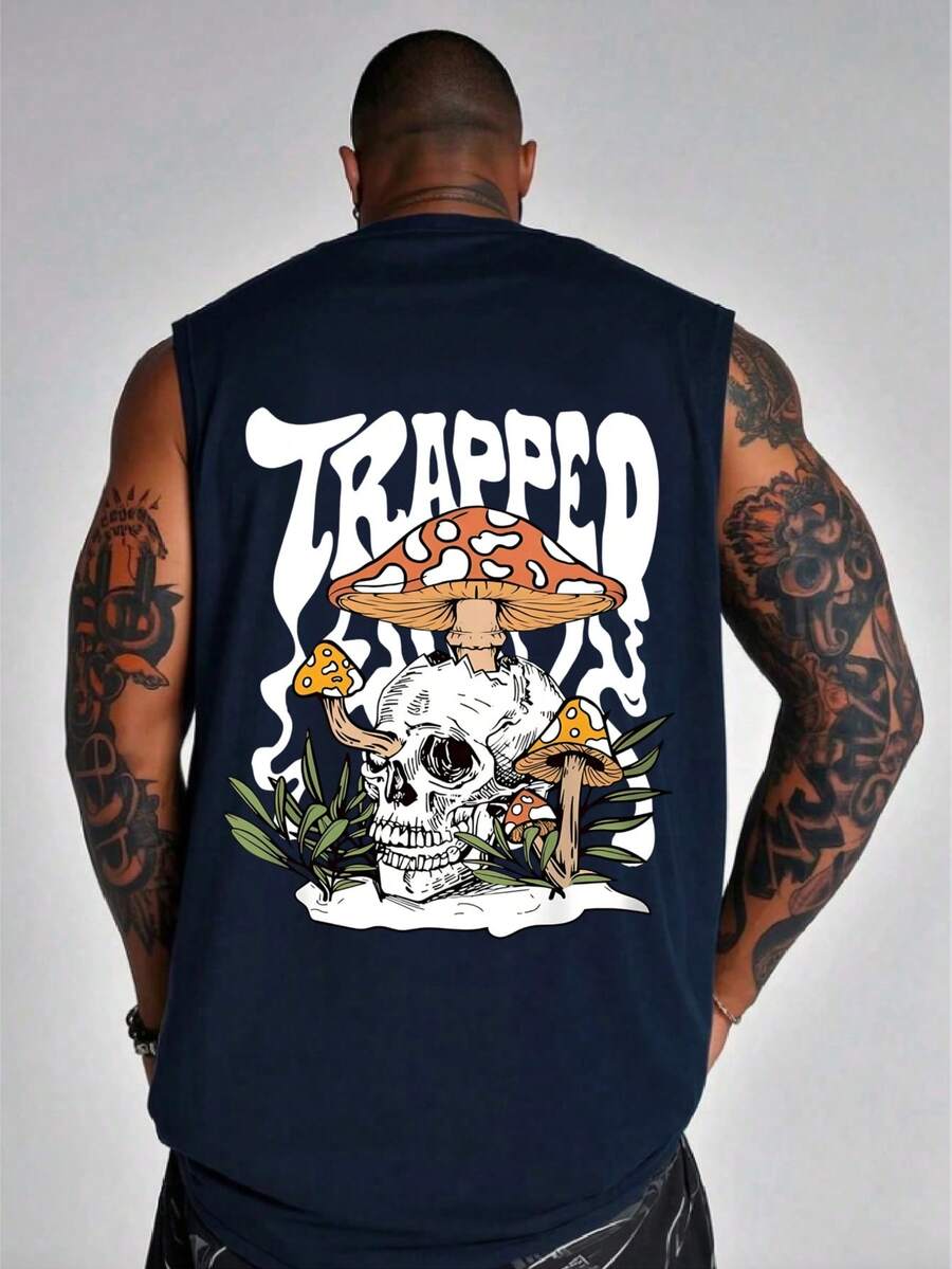 男士加大码夏季无袖T恤，蘑菇屋元素背心 - 藏蓝色 - 查看 1