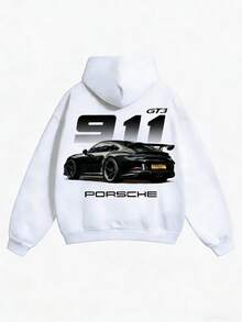 1 Pcs911 GT3 Unisex Pure Cotton Sweatshirt, Soft Oversized Fit, Good Graphic Hoodies, Racing Car Pattern Street Wear Car Meet, Gift For Boyfriend, Men's Fashion Design, Soft Fabric,  Loose Fit, Hip Hop Street Style, Unisex - 白色 - 查看 1