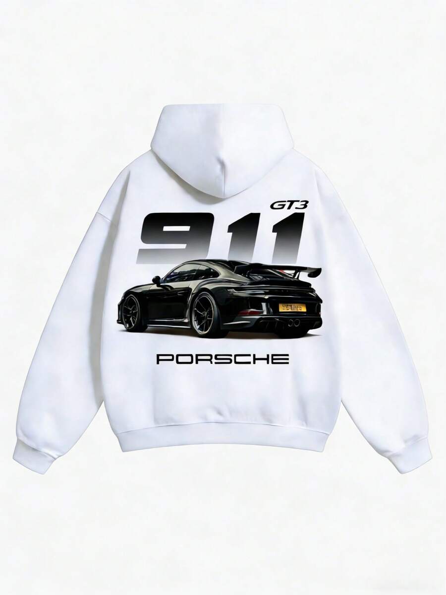 1 Pcs911 GT3 Unisex Pure Cotton Sweatshirt, Soft Oversized Fit, Good Graphic Hoodies, Racing Car Pattern Street Wear Car Meet, Gift For Boyfriend, Men's Fashion Design, Soft Fabric,  Loose Fit, Hip Hop Street Style, Unisex - 白色 - 查看 1