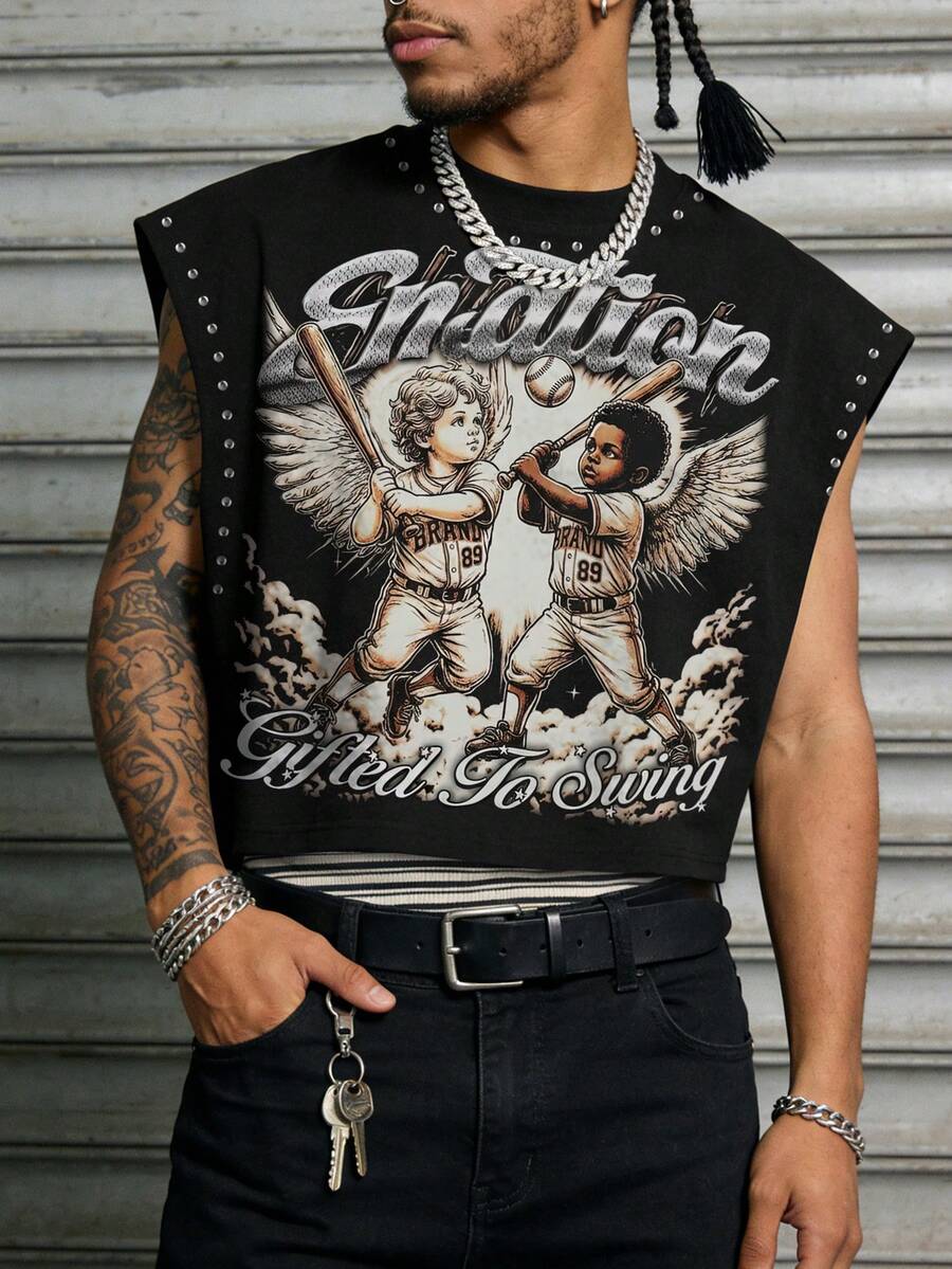 Áo tank top nam dáng rộng, phong cách đường phố, in họa tiết nghệ thuật - Màu đen - màu đen - Xem 1