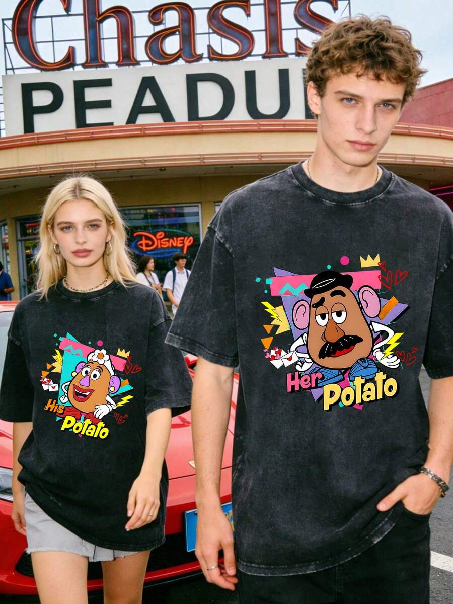 Disney Officially Licensed Graphic T Shirts 100 Percent Cotton Shirt, Mr. & Mrs. Potato Head Retro Couple T-Shirt, Unisex, Washed 230g, Retro Vintage, Crew Neck Short Sleeve, Casual Daily Wear - 黑2 - 查看 1