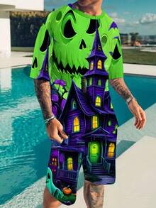 2-teiliges Herren-Halloween-Kostümit Monsterhaus-Print – Neon-Grün und Lila Horrorhaus mit Kürbislaterne- und Fledermaus-Mustern – Lässiges Party-Outfit für alle Jahreszeiten – Geeignet für Fitnessstudio, Outdoor und Alltag – Passendes-Shirt- und Shorts-Set (bequemer Rundhalsausschnitt, verstellbare Taille) – für Halloween-Partys und Themenveranstaltungen - Mischfarben - Übersicht 1