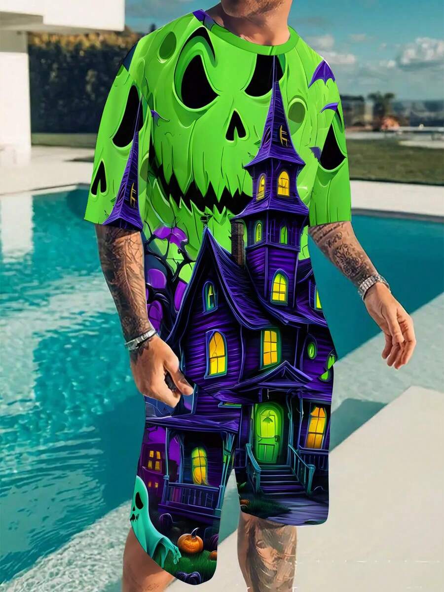 2-teiliges Herren-Halloween-Kostümit Monsterhaus-Print – Neon-Grün und Lila Horrorhaus mit Kürbislaterne- und Fledermaus-Mustern – Lässiges Party-Outfit für alle Jahreszeiten – Geeignet für Fitnessstudio, Outdoor und Alltag – Passendes-Shirt- und Shorts-Set (bequemer Rundhalsausschnitt, verstellbare Taille) – für Halloween-Partys und Themenveranstaltungen - Mischfarben - Übersicht 1