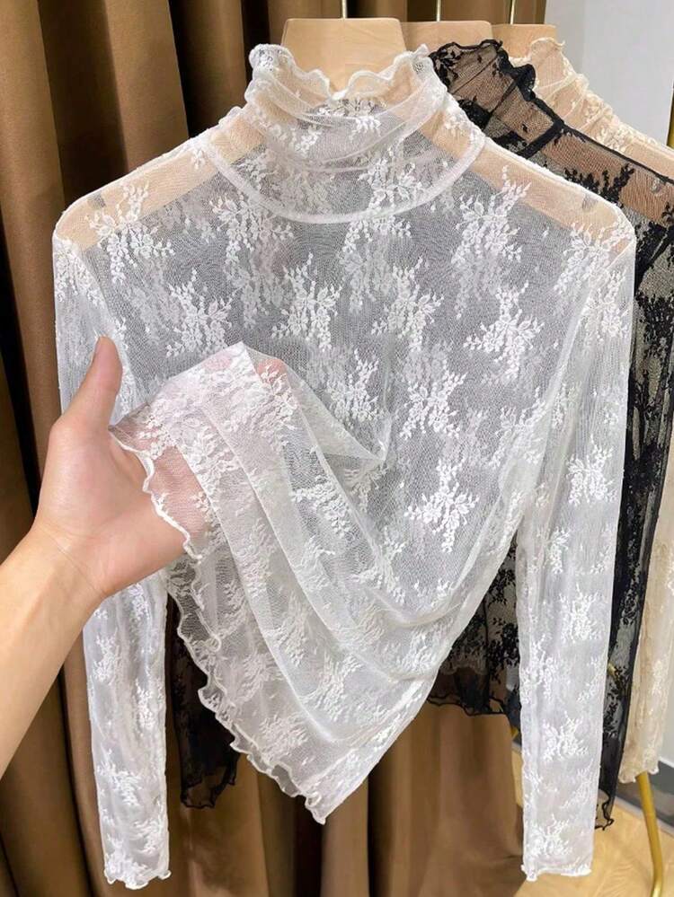 Camiseta sin mangas de encaje de cuello alto delgada para mujer, camiseta interior con volantes de malla, nueva llegada primavera/otoño 2024 blanca casual - Blanco - Añade 3