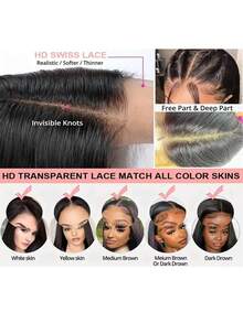 13*6 13*4 5*5 高清蕾丝免胶假发,即戴即用,真人混纺发丝,预先拔毛,预先剪裁,200密度直发假发,真人混纺发丝抽绳假发,适合,新手友好 - 自然色&黑色系 - 查看 5