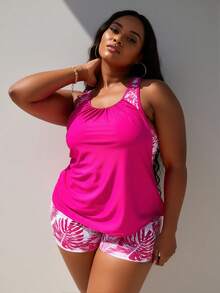 Plus Size, Fuchsia, Round Neck, Two-Piece Swimsuits For Woman Set, For The Beach. - Hot Pink - View 2