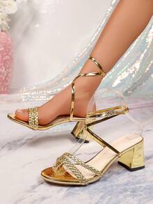 时尚露趾编织带女士高跟凉鞋，夏季百搭交叉搭扣粗跟金色女士凉鞋 - 金色 - 查看 3