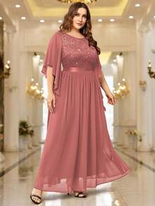 Plus Elegant Sequin Floral Lace Chiffon Butterfly Sleeve Contrast Ruched Hem Formal Party Long Dress, Wedding Guest Dress - Bụi hồng - Xem 5