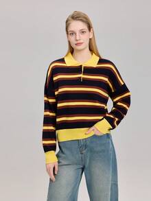 Women's Casual Commuting Contrast Stripe Pattern Polo Collar Loose Knit Sweater, Spring/Autumn - Multicolor - View 5