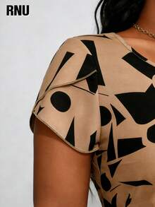 Plus Size Women Geometric Pattern Front Tie Blouse, Suitable For Daily Wear, Evening Date, Holiday, Wedding, School, Vacation, Work, Home, Birthday Party, Dates - Camel - View 8