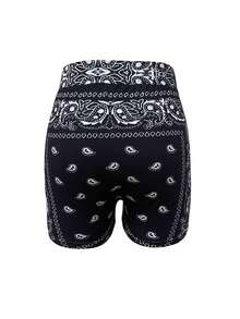 Fashionable Elastic Waist Paisley Print Sexy Sports Yoga Shorts, Spring/Summer Black - Black - View 2