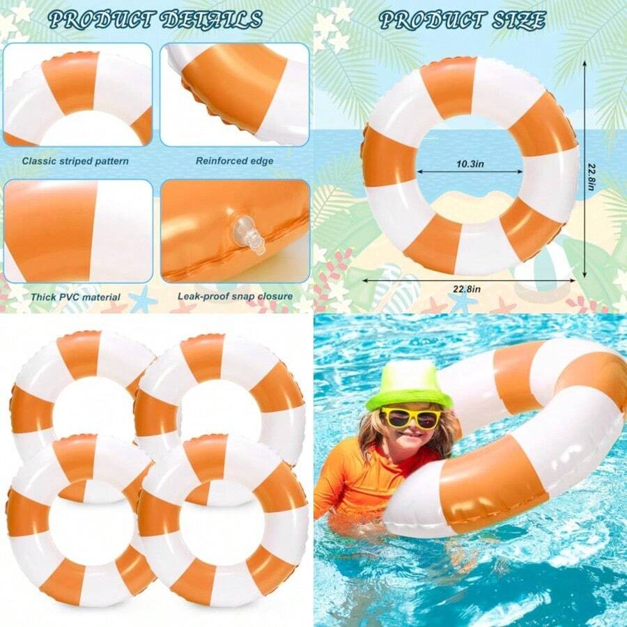 Whaline 4Pcs Inflatable Swimming Float Toy Striped Swim Ring Fun Print Pool Lounger Tube For Summer Swimming Beach Party - 橘色 - 查看 1