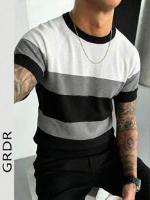 1件男士插肩袖撞色复古修身短袖针织衫，春夏新品，圆领条纹套头T恤 - 黑色 - 查看 11