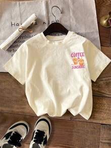 女士冰咖啡阳光印花短袖圆领T恤，标准版型，弹力面料，可爱夏季上衣 - 杏色 - 查看 3