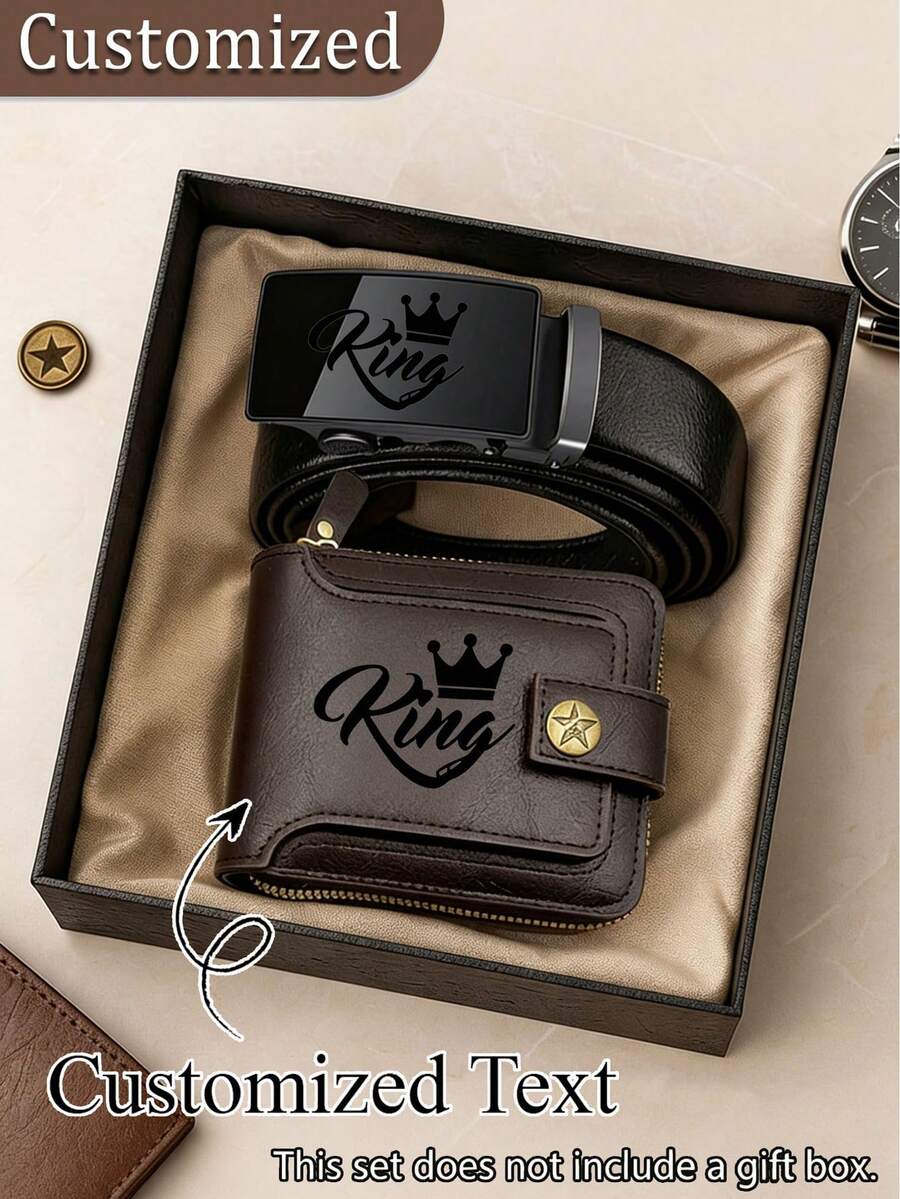 Personalized Men's Wallet, Customized Belt, New Ultra-Thin Wallet, Multi-Functional Fashion Snap Wallet With Coin Pocket, Multi-Card Slots, Vintage Faux Leather Material, Customizable Personalized Men's Belt, Suitable As Gift For Husband, Father's Day, Anniversary, Groom, Boyfriend, Engraved Genuine Leather Belt (Our Product Does Not Include Gift Box, Attributes That Are Not Listed Are Not Included, Hope For Your Understanding) - Multicolor - View 1