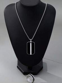 男士项链+戒指套装，黑色油滴几何吊坠，简约风格 - 銀色 - 查看 3