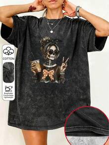 女士骷髅印花圆领短袖休闲宽松T恤 - 黑色 - 查看 6
