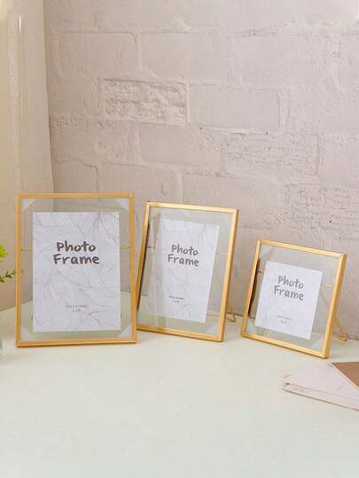 1pc Metal & Glass Transparent Photo Frame, Handmade Dried Flower & Plant Desktop Display, Gold Color