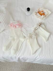 1 Pair Women's Mid-Calf Socks, White Mesh Lace Bow Ribbon Lolita Style, Comfortable Breathable Summer Socks - Multicolor - View 5