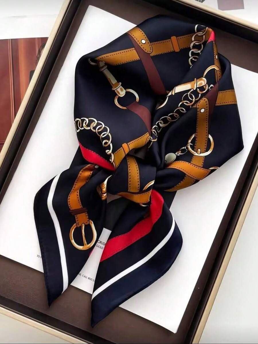 1pc Paisley Print Faux Silk 70cm Square Scarf, Men's Bandana Neckerchief Headwrap Versatile Accessory For Spring/Summer,Holiday,Travel,Festival,Accessories - Navy Blue Chain - View 1