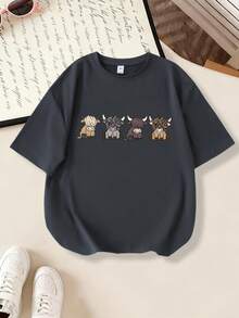 Áo thun thiếu nữ in hình hoạt hình bò Tây Tạng dễ thương, độc quyền cho các bạn nữ tuổi teen, gồm bốn họa tiết bò Tây Tạng đáng yêu, thiết kế dễ thương, chất vải mềm mại và thoải mái, phù hợp cho các hoạt động của các bạn gái, thích hợp cho các buổi đi chơi hàng ngày ở trường vào mùa xuân và mùa hè, phong cách thường ngày cá tính. - Màu xám đen - Xem 2