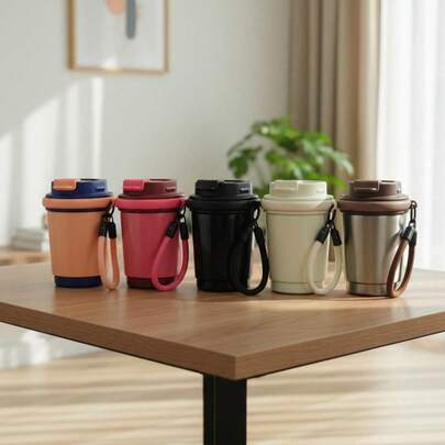 1个带盖带挂绳的保温旅行杯，双层壁设计，冷热饮皆宜，防漏且便于携带，时尚的办公杯，适合日常工作、通勤/办公桌使用，现代简约外观，适合在家或办公室盛装咖啡、茶/日常补水。