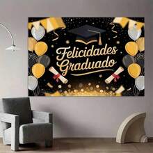 2D Flat, 1 Piece Spanish/English Graduation With Golden Hat And Diploma  Spanish Congratulation Message 'Feliz Graduado'  Gold And Black Party Decoration, Suitable Indoor/Outdoor Graduation Parties, Photo Booth Background, Diploma Scroll Cutout (2D Flat) - 多色 - 查看 6