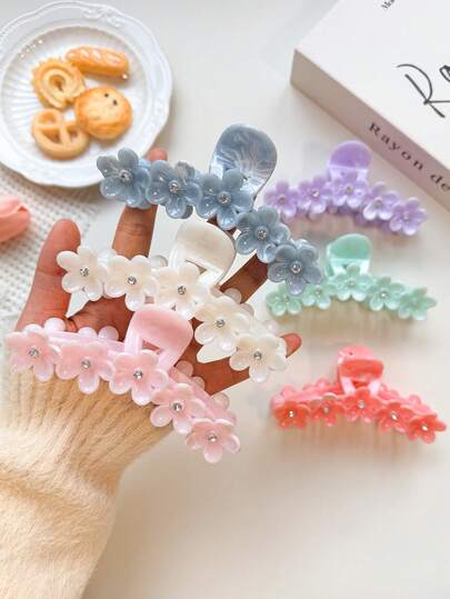 6个女士水钻花朵发夹，优雅3D立体花朵爪夹，多功能时尚发饰，适用于发髻、马尾辫等日常造型