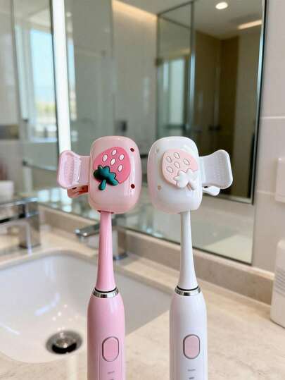 2pcs Cute Pink & White Strawberry Pattern Toothbrush Covers, Pink & Blue Heart Pattern Toothbrush Holders, Strawberry Heart & Cherry Pattern Toothbrush Stands, Suitable For Home, Dorm, Bathroom, Travel, Convenient To Carry