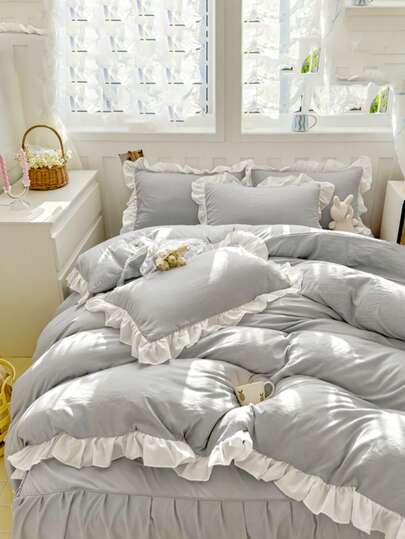 1件被套+2个枕套套装（不含被芯），柔软舒适，荷叶边简约设计，适合卧室和客房，可机洗，四季皆宜