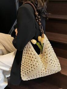 夏季草编包，镂空肩背手提包，沙滩度假柳条篮包，配木珠 - 米色 - 查看 3