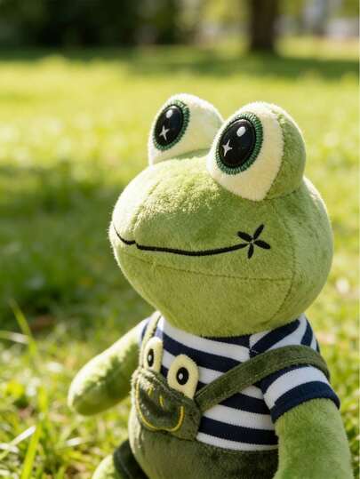 1pc 30cm/11.81in Green Frog Plush Doll, Cute Overalls And Striped T-Shirt Design, Big Star Eyes, Soft Stuffed Doll, Ideal For Children's Birthday, Holiday Gift, And Home Decor