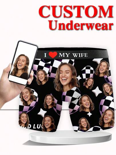 1 Pieza de Calzoncillos Bóxer Personalizados para Hombres, Ropa Interior con Impresión de Foto Personalizada con Diseño de Corazón a Cuadros Morados y Estrellas, Calzoncillos Bóxer Personalizados Exclusivos para Esposo, Calzoncillos Bóxer Personalizados con Expresión Divertida, Cómodos, Únicos, Regalo Ideal para el Día de San Valentín, Aniversario, Cumpleaños, Boda para Novio, Esposo, Él, Perfecto para Chicos Deportistas