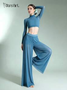 DonsGirl Damen Rollkragen Crop Top und super weiche, dehnbare Mesh Weite Bein Hose Set - vielseitiges elegantes blaues Outfit, geeignet für Aerial Yoga, zeitgenössisches/klassisches Ballett-Aufführung - Blau - Übersicht 7