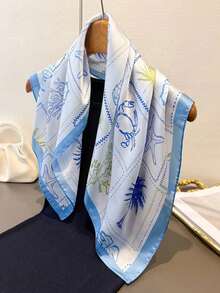 1pc Seashore Resort Starfish & Mermaid Print Silk-Like Square Scarf, 68cm, Suitable For Beach, Street, Daily, Vacation, Business, Fashion Handbag Decoration Strap - Màu xanh lam - Xem 4