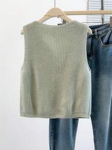 女士V领纽扣前开襟毛衣背心，春夏休闲可爱宽松时尚针织上衣，女士夏季上衣，可爱夏季女式上衣 - 薄荷綠 - 查看 2