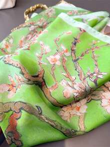 1条65*65厘米方形丝巾，女士缎面丝绸仿梵高杏花印花，多功能，可作领巾、头巾、披肩。 - 彩色 - 查看 3