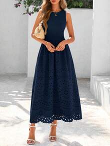 Women Casual Sleeveless Crewneck Lace Eyelet A-Line Flowy Tank Maxi Dress With Pockets Boho Bohemian Summer Spring Holiday Vacation Beach Outfits - 藏蓝色 - 查看 6