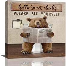 Funny Bear Bathroom Wall Art Rustic Bear On The Toilet Bathroom Pictures Wall Decor Farmhouse Bears Canvas Prints Painting Farm Animals Bathroom Framed Artwork Ready To Hang 12x16 - 1PC - View 2