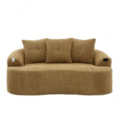This Contemporary Two-Seater Sofa Set Features Deep, Round Cushions With A Chenille Cloud Pattern, A Compact Design Without Springs, And Includes Three Decorative Cushions. Suitable For Compact Apartments. - 芥末黃 - 查看 1
