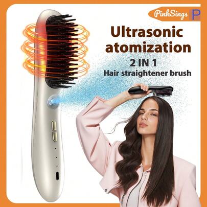 PinkSings Bàn chải duỗi tóc không dây 3 trong 1 sạc lại được, phun sương nano, dễ dàng uốn xoăn, kèm dầu dưỡng tóc, làm nóng tức thì.