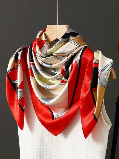 1条女士方形真丝围巾，时尚披肩，奢华遮阳头巾，新款印花围巾，35.4英寸颈巾，90*90厘米方形围巾，四季皆宜