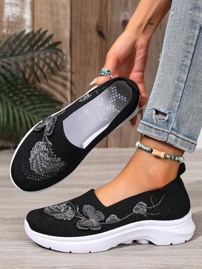 Zapatillas casuales de mujer con bordado floral y decoración de mariposa, zapatos de plataforma de punta redonda para el uso diario, primavera/otoño
