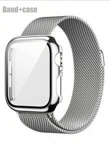 兼容表带和表壳：时尚、柔软、透气、可调节。采用圆形编织不锈钢磁吸表带和二合一防摔防刮钢化玻璃PC表壳。兼容10/9/8/7/6/5/4/SE、40/41/44/45mm表带和表壳。米兰尼斯表带和简约表壳带来舒适的佩戴体验。 - 銀色 - 查看 1