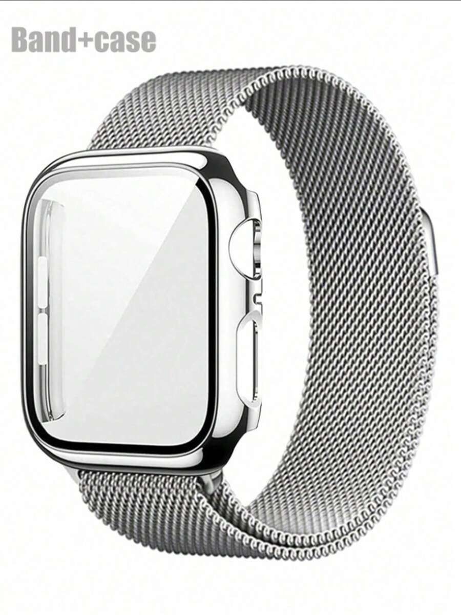 兼容表带和表壳：时尚、柔软、透气、可调节。采用圆形编织不锈钢磁吸表带和二合一防摔防刮钢化玻璃PC表壳。兼容10/9/8/7/6/5/4/SE、40/41/44/45mm表带和表壳。米兰尼斯表带和简约表壳带来舒适的佩戴体验。 - 銀色 - 查看 1