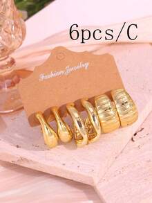 6/18pcs Fashionable Luxury Minimalist Water Drop & Smooth C-Shape Earring Set, Versatile Gift For Girlfriend/Best Friend - Gold - View 10