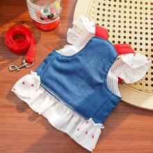 Bộ đồ ngủ denim hình gấu dâu tây dễ thương cho thú cưng, kèm dây xích, áo vest/dây đeo in hình trái tim viền bèo nhún cho chó mèo nhỏ. - Nhiều màu - Xem 8