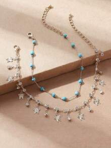 2pcs Fashion Sparkling Versatile Rhinestone Butterfly & Bead Anklet Set, Suitable For Vacation, Party, Daily Wear (Random Stone Quantity) - Multicolor - View 3