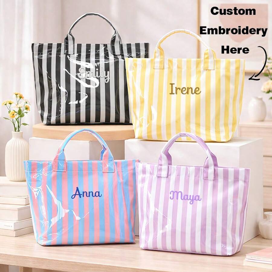 Girls Personalized Striped Tote Bag, Lightweight Large Capacity Portable Shoulder Carry Bag, Travel Beach Bag - Multicolor - View 1